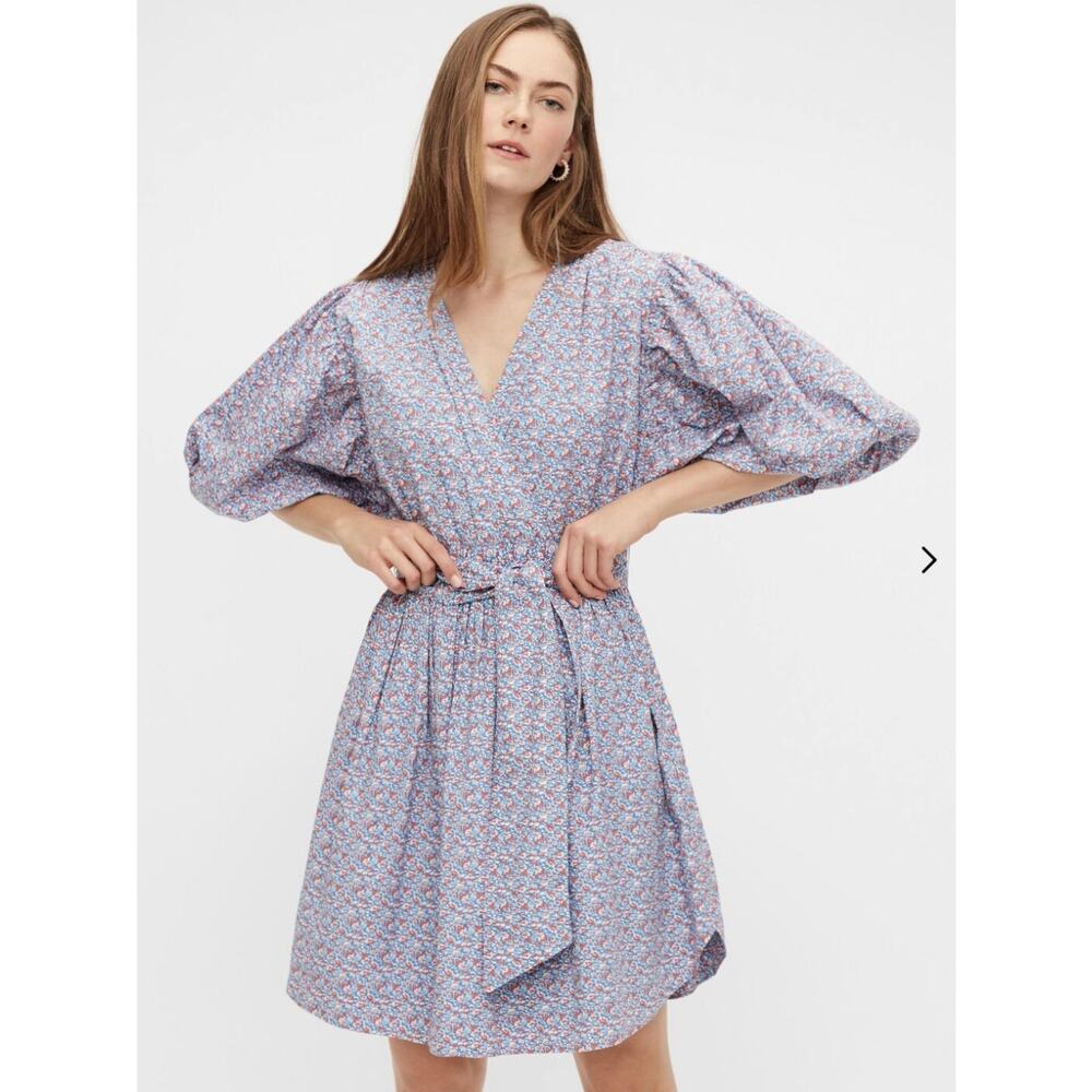 Y.A.S Cotton Mini Dress with Puff Sleeve Floral M Red Blue